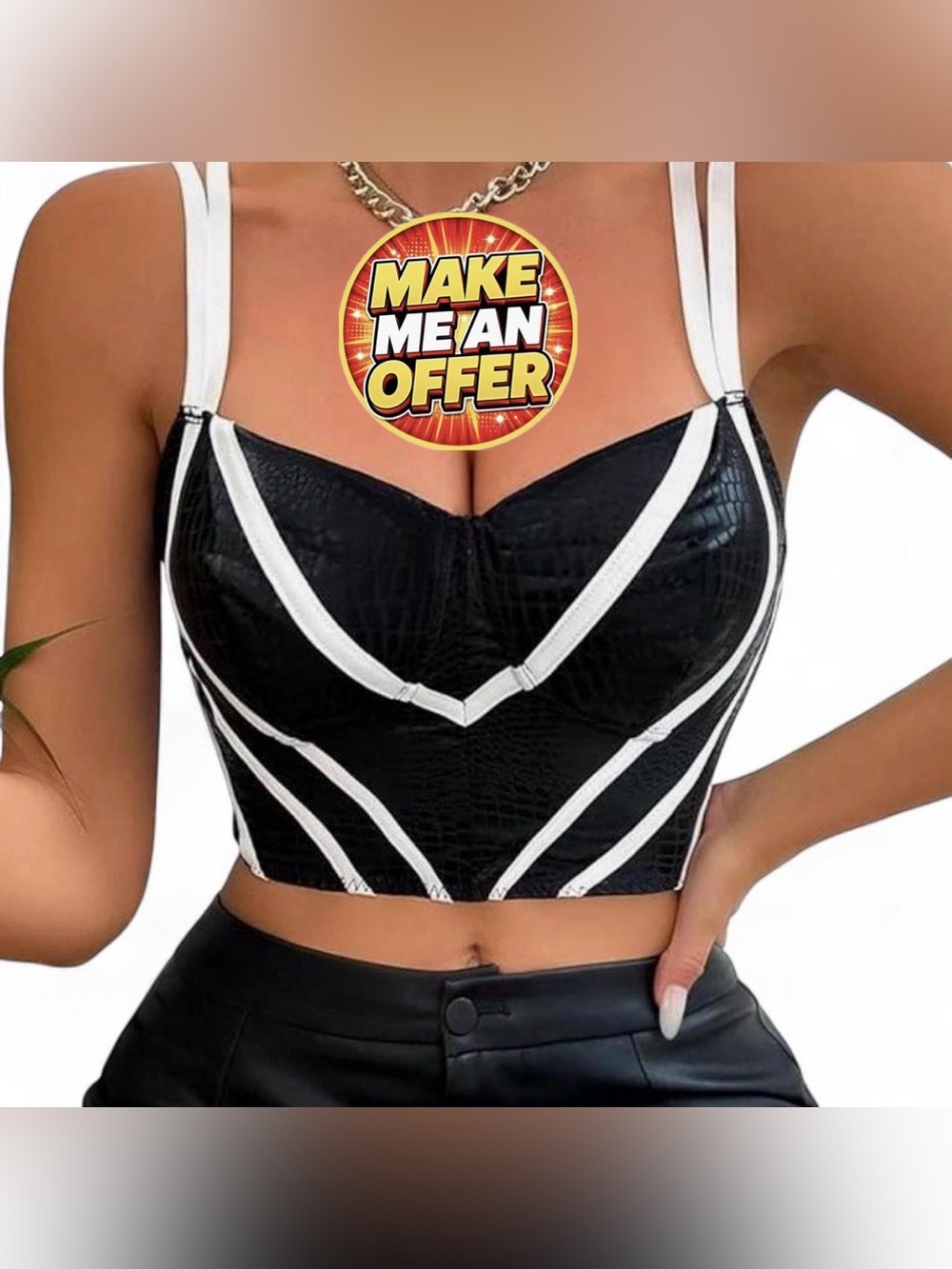 Brand New Black Bustier Crop Top with White Trim - SZ L